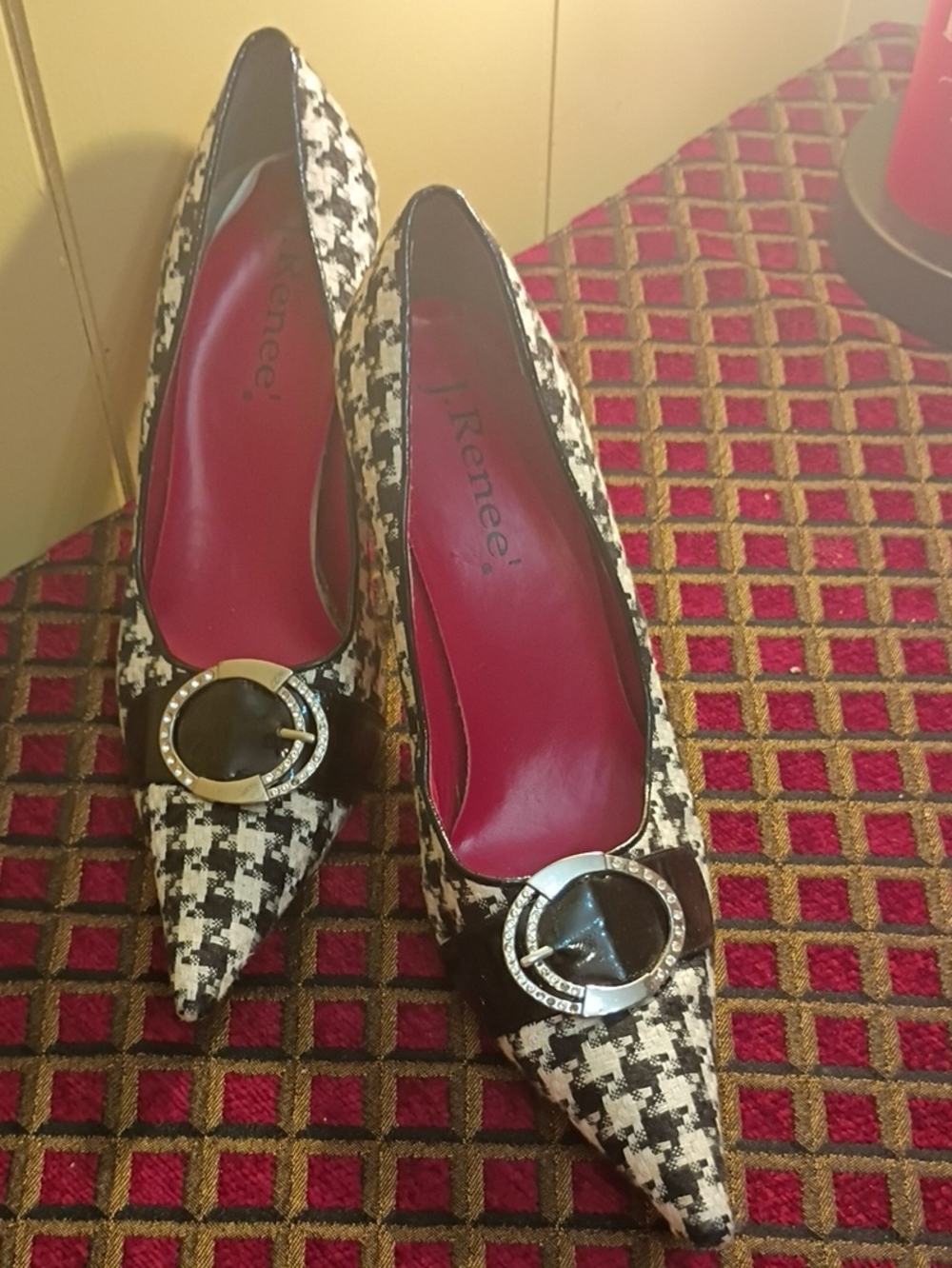 J.Renee Black & White Houndstooth Pointed Toe Pumps with Buckle